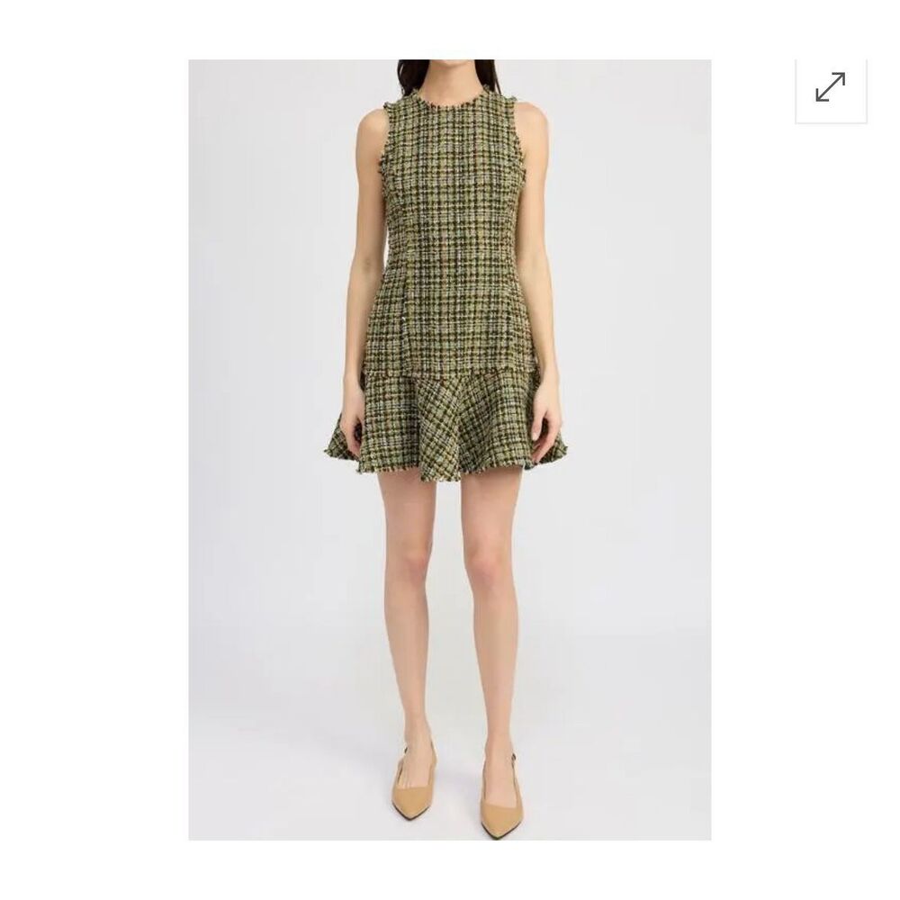 En Saison Green Plaid Tweed Mini Dress